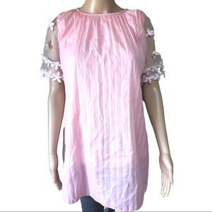 Vintage 70s pink embellished floral shorty chiffon pleated nightgown size small